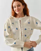 MAS3283 FLOWER EMBROIDERED CARDIGAN W/POMPOM EDGE