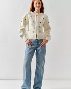 MAS3283 FLOWER EMBROIDERED CARDIGAN W/POMPOM EDGE