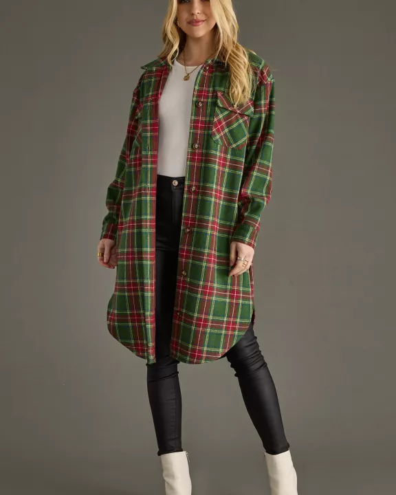Green & Red Plaid Long Shacket