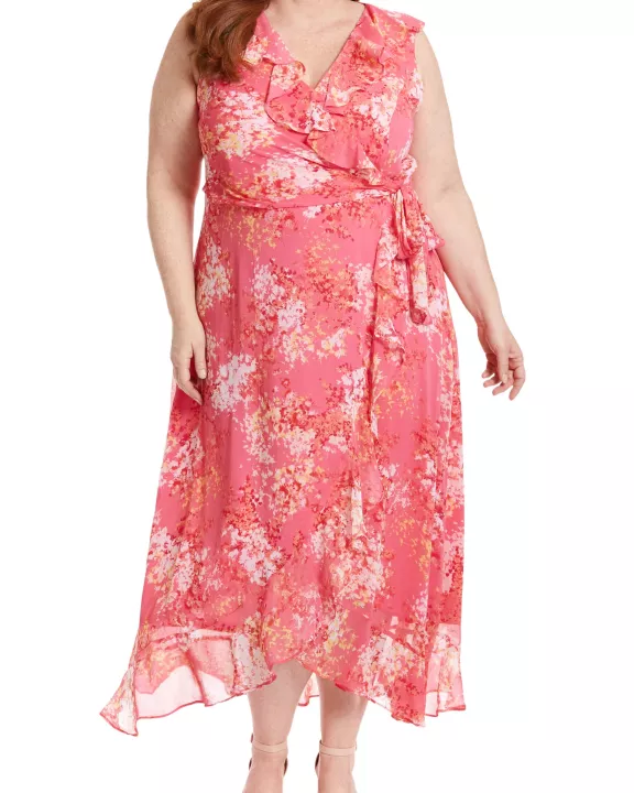 London Times Trimmed Surplice V-Neckline Side-Tie Sash Hemline Ruffle Wrap Maxi Silhouette Dress (Plus Size)