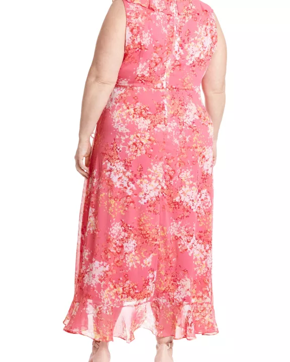 London Times Trimmed Surplice V-Neckline Side-Tie Sash Hemline Ruffle Wrap Maxi Silhouette Dress (Plus Size)