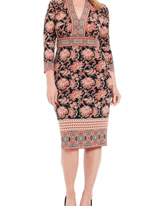 London Times Intricate Floral Paisley Print V-Neckline Three-Quarter Sleeves Sheath Dress