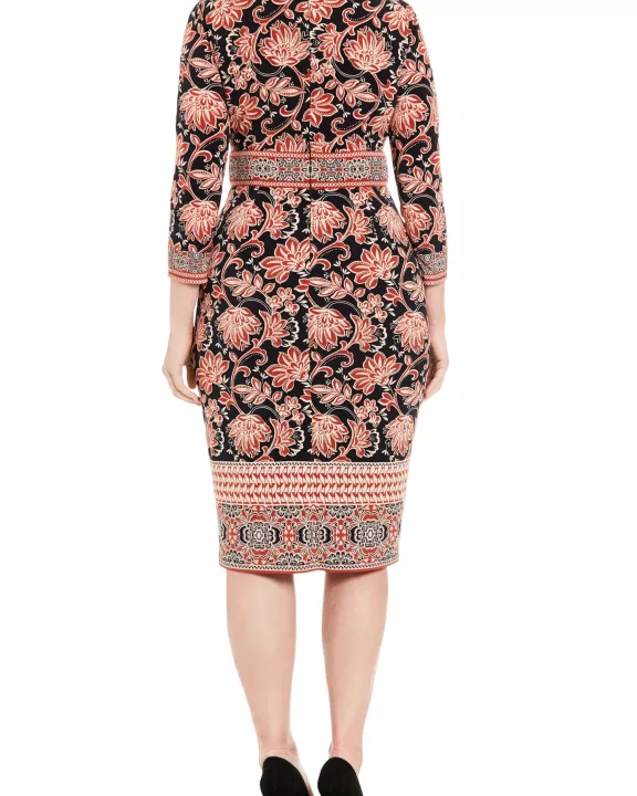 London Times Intricate Floral Paisley Print V-Neckline Three-Quarter Sleeves Sheath Dress