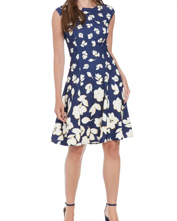 London Times All-Over Floral Print Crew Neckline Cap Sleeve Fit and Flare Dress