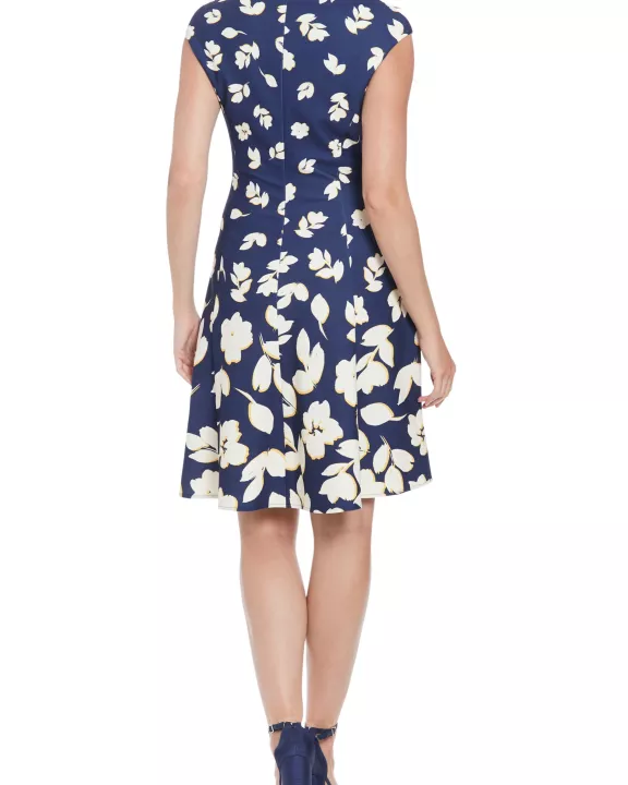 London Times All-Over Floral Print Crew Neckline Cap Sleeve Fit and Flare Dress