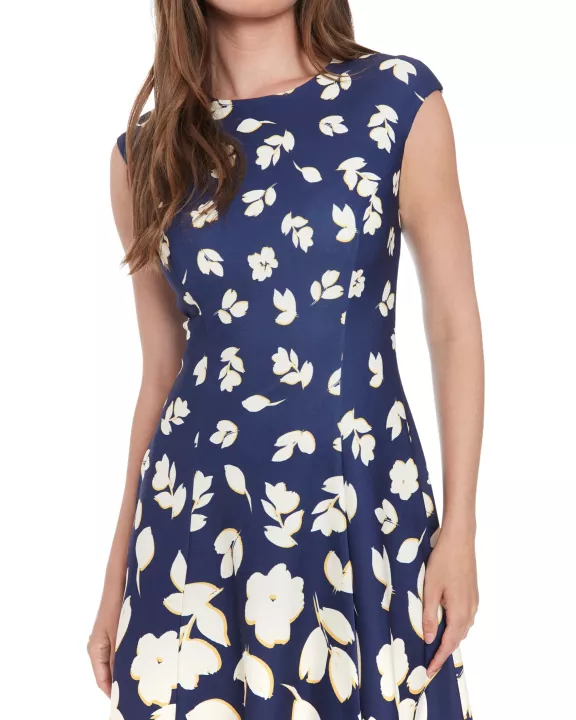 London Times All-Over Floral Print Crew Neckline Cap Sleeve Fit and Flare Dress