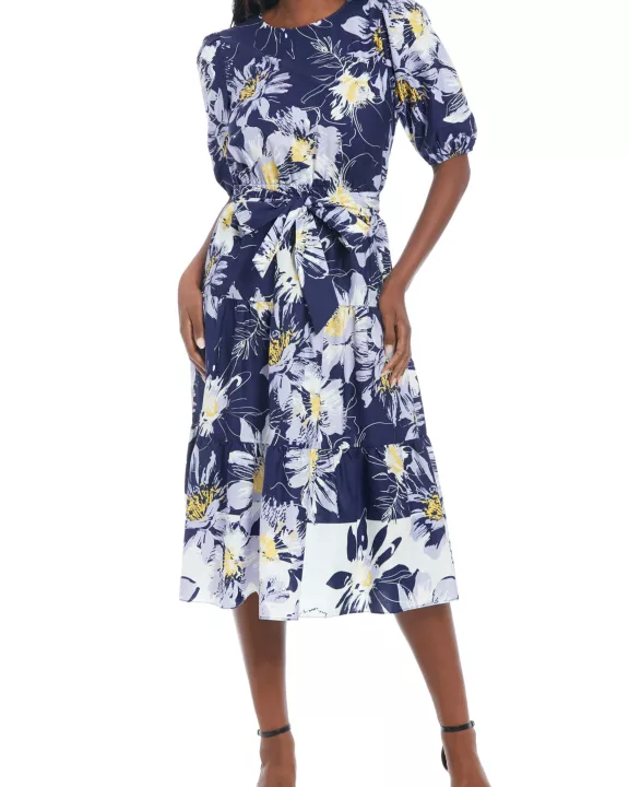 London Times Pip Printed Jewel Neckline Puff Sleeves Waist Tie Tiered Skirt Midi Dress