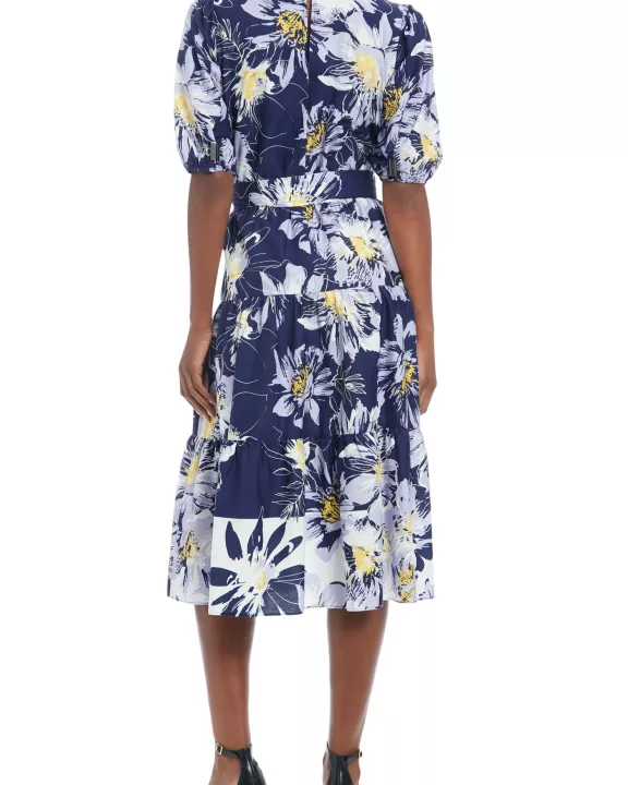 London Times Pip Printed Jewel Neckline Puff Sleeves Waist Tie Tiered Skirt Midi Dress