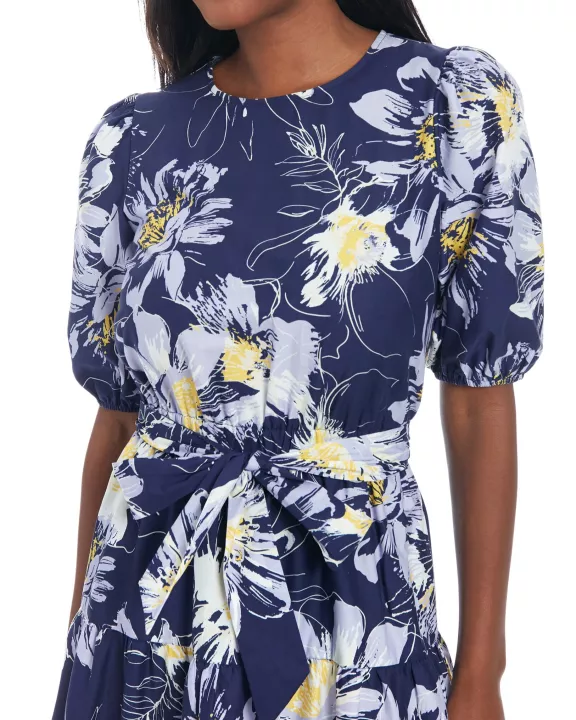 London Times Pip Printed Jewel Neckline Puff Sleeves Waist Tie Tiered Skirt Midi Dress