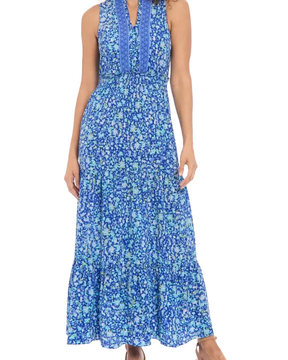 London Times High Detailed Neckline Sleeveless All-Over Floral Shirred Bodice Maxi Dress