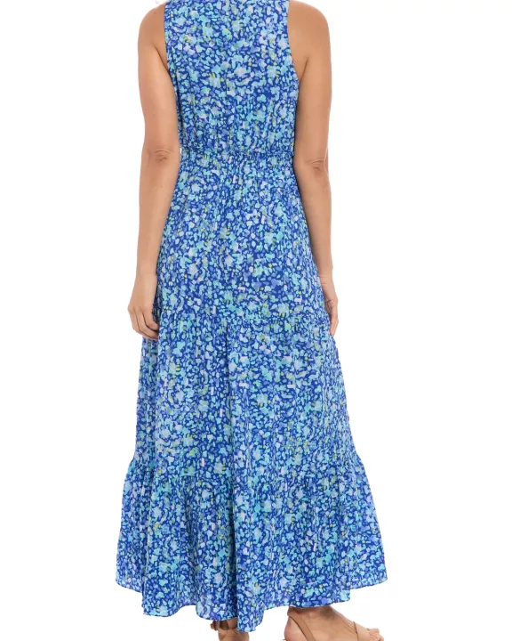 London Times High Detailed Neckline Sleeveless All-Over Floral Shirred Bodice Maxi Dress