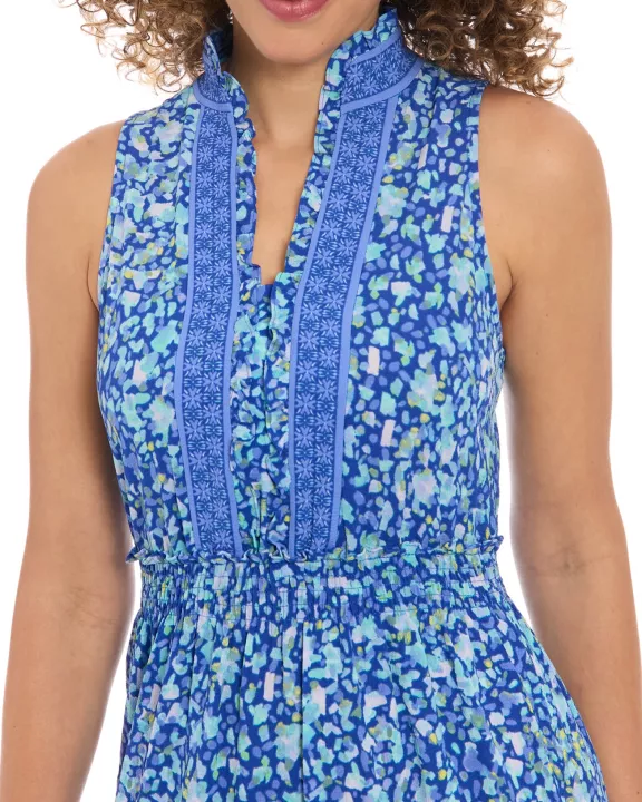 London Times High Detailed Neckline Sleeveless All-Over Floral Shirred Bodice Maxi Dress