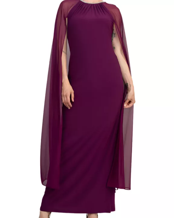 R&M Richards Pearl Bead Round Neckline Gown Dress with Cape
