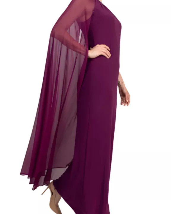 R&M Richards Pearl Bead Round Neckline Gown Dress with Cape