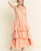 PLUS SIZE Sleeveless Gingham Print Tiered Midi Dress