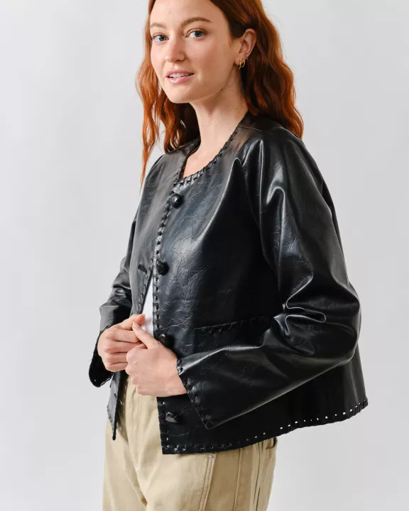MAJ3284 WHIPSTITCH EDGE FAUX LEATHER JACEKT
