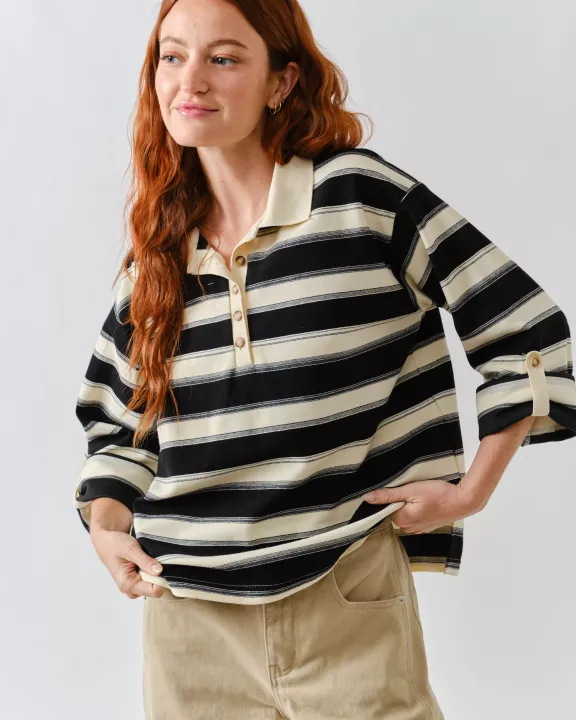 MAT3314 STRIPE POLO T SHIRT W/SLEEVE ADJUSTABLE TAB