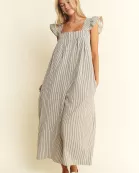 PLUS SIZE STRIPE SLEEVELESS RUFFLE JUMPSUIT