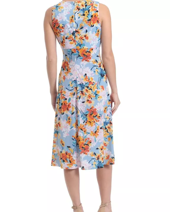 London Times Printed Sleeveless Versatile Empire A-line Keyhole Neckline Midi Dress