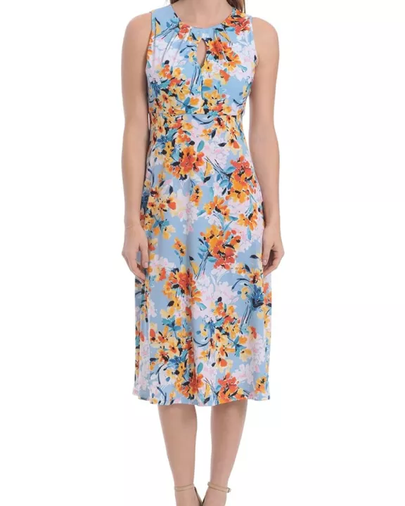 London Times Printed Sleeveless Versatile Empire A-line Keyhole Neckline Midi Dress