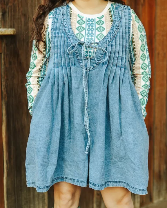 Light Stone Wash V Neck Front Tie Denim Romper
