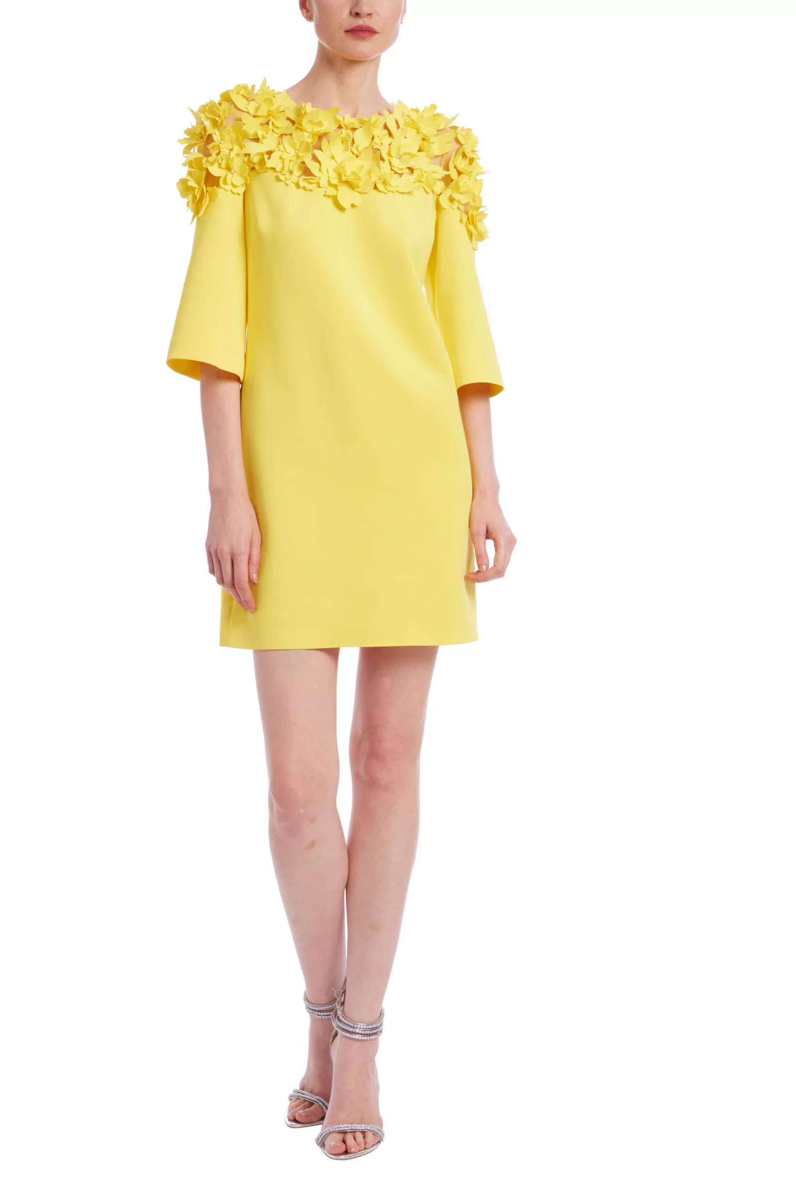 Badgley Mischka Flower Across Shoulder Elbow-Length Sleeves Above-The-Knee Hemline Shift Dress
