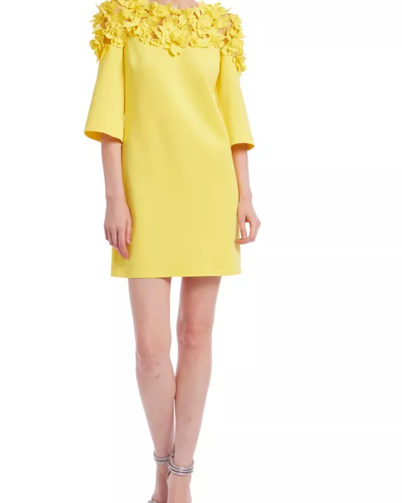 Badgley Mischka Flower Across Shoulder Elbow-Length Sleeves Above-The-Knee Hemline Shift Dress