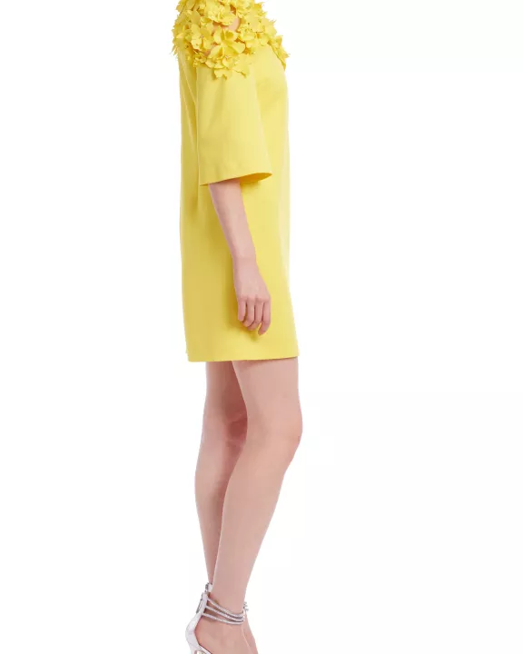 Badgley Mischka Flower Across Shoulder Elbow-Length Sleeves Above-The-Knee Hemline Shift Dress