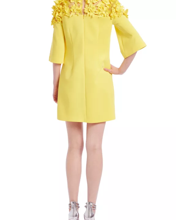 Badgley Mischka Flower Across Shoulder Elbow-Length Sleeves Above-The-Knee Hemline Shift Dress