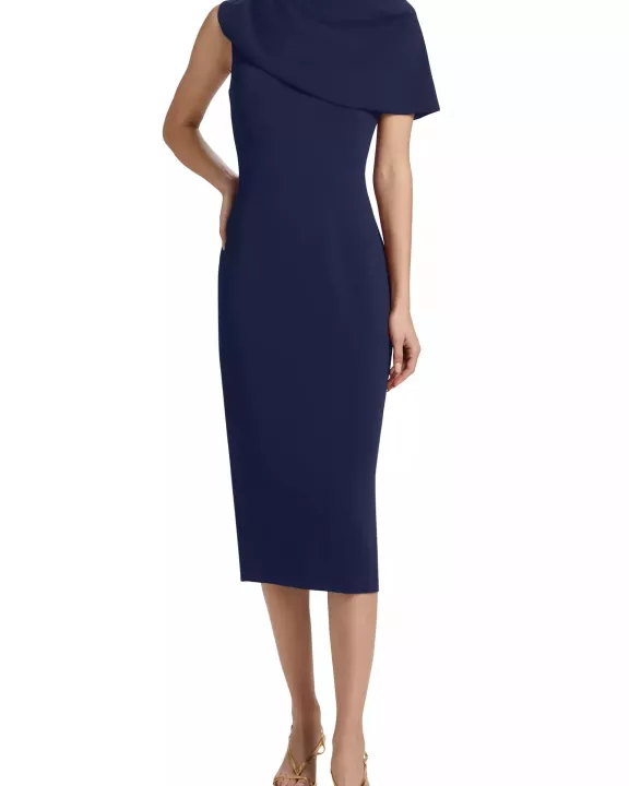 Badgley Mischka Asymmetric Neckline Cape Sleeve Back Zip Closure Midi Dress