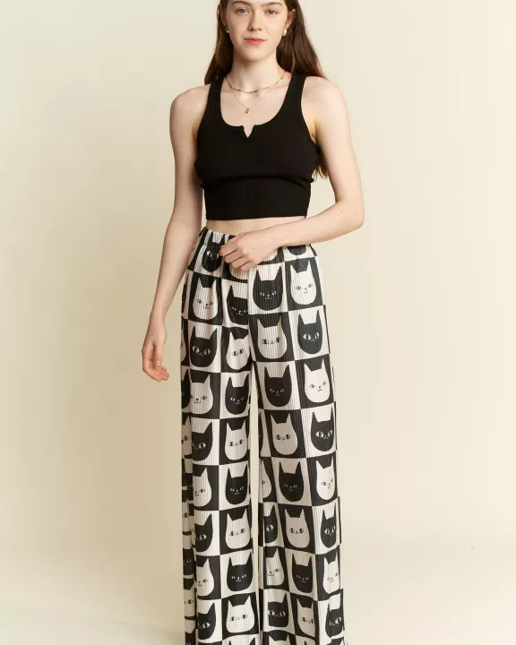 PLUS SIZE CAT FACE PRINT WIDE PANTS