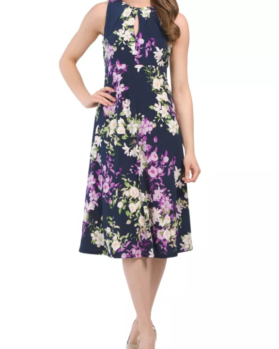 London Times Pleat Keyhole Neck Sleeveless Floral Print Zipper Jersey Dress