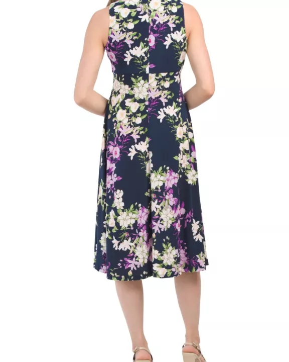 London Times Pleat Keyhole Neck Sleeveless Floral Print Zipper Jersey Dress