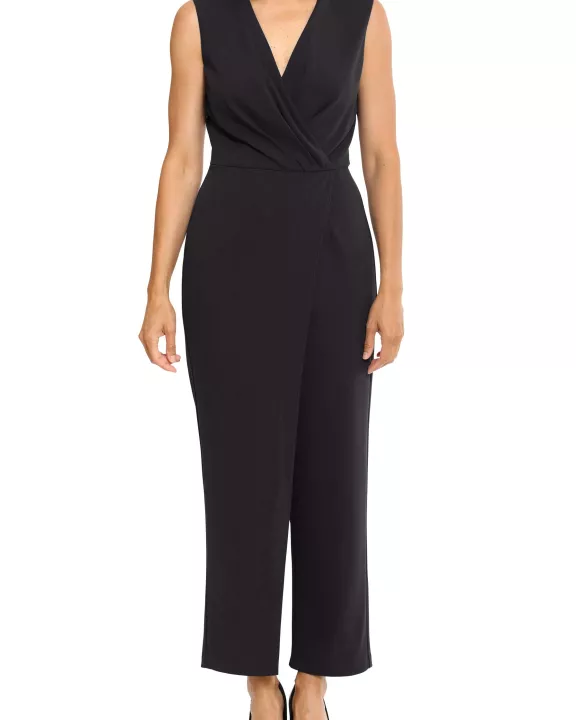 London Times V-Neck Sleeveless Zipper Closure Pleated Front Straight Pants Scuba Crepe Jumpsuit