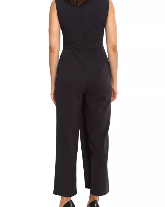 London Times V-Neck Sleeveless Zipper Closure Pleated Front Straight Pants Scuba Crepe Jumpsuit