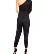 Aidan by Aidan Mattox Asymmetrical Shoulder Slit Long Sleeve Tie Side Functional Pocket Concealed Ziipper Side Satin Jumpsuit