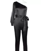Aidan by Aidan Mattox Asymmetrical Shoulder Slit Long Sleeve Tie Side Functional Pocket Concealed Ziipper Side Satin Jumpsuit