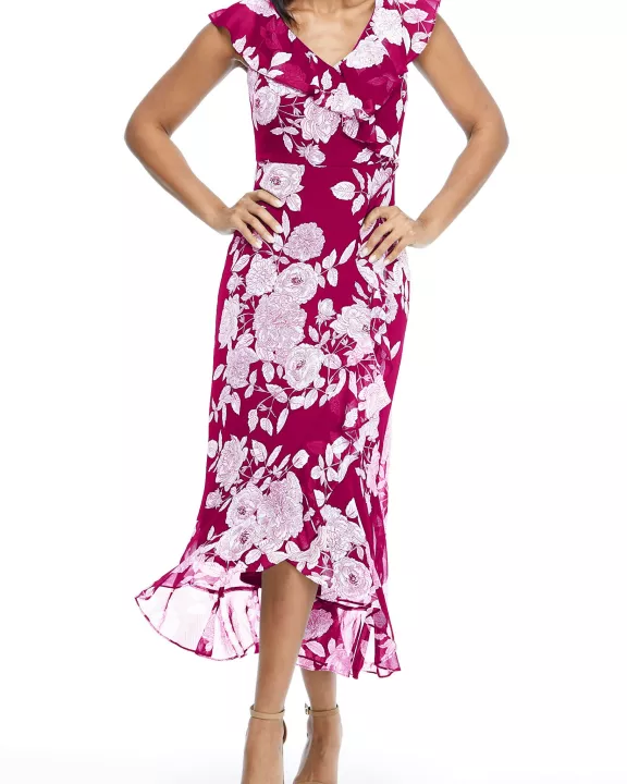 London Times V-Neck Ruffled Floral Print Zipper Back Chiffon Maxi Dress