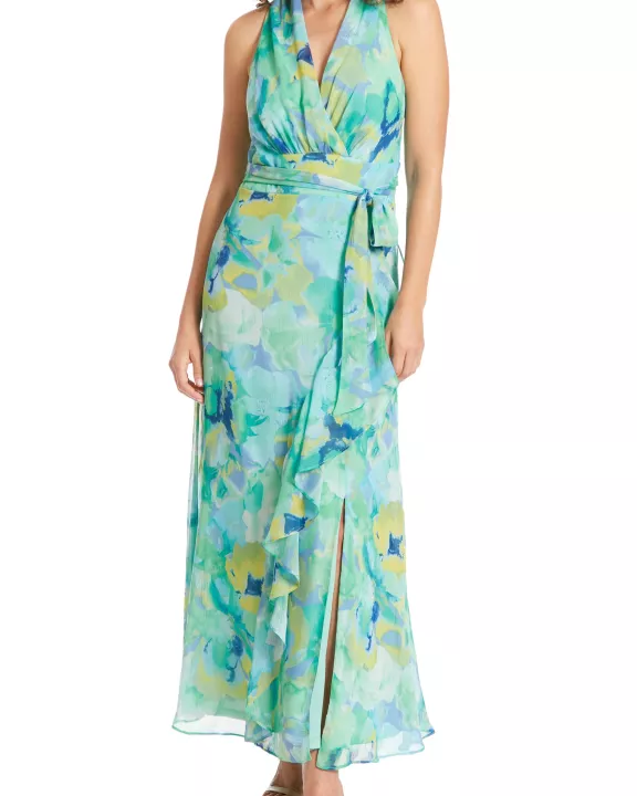 London Times Floral Halter Neckline Sleeveless Back Zipper Closure Side-Tie Wrap Slit Silhouette Maxi Dress