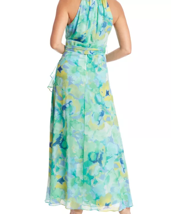 London Times Floral Halter Neckline Sleeveless Back Zipper Closure Side-Tie Wrap Slit Silhouette Maxi Dress