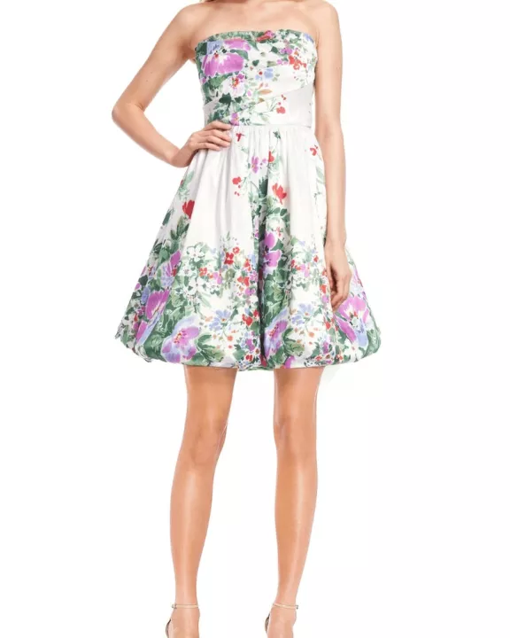 Badgley Mischka Bright Floral Print Strapless Shoulder-Baring Neckline Fitted Bodice Cinched Waist Bubble Hem Mini Dress