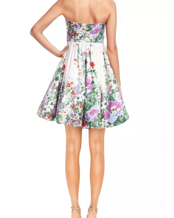 Badgley Mischka Bright Floral Print Strapless Shoulder-Baring Neckline Fitted Bodice Cinched Waist Bubble Hem Mini Dress