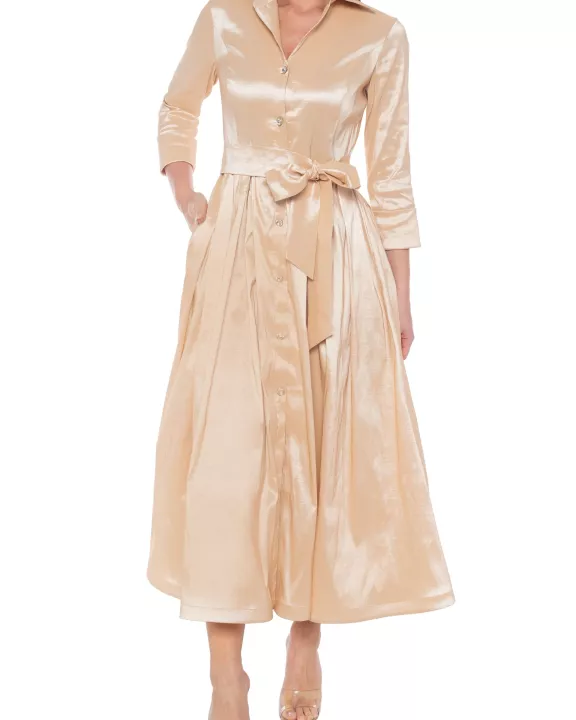 Marina 3/4 Sleeve Point Collar Neck Tie Waist Taffeta Midi A-LIne Dress