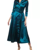 Marina 3/4 Sleeve Point Collar Neck Tie Waist Taffeta Midi A-LIne Dress