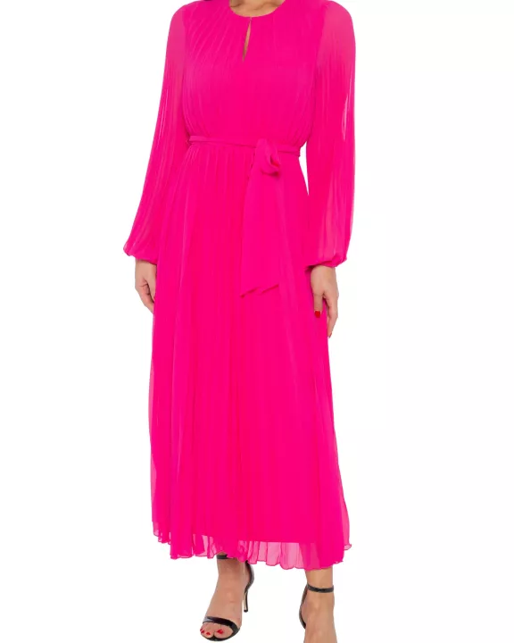 Marina Round Keyhole Neckline Empire Waist with Tie Pleated Skirt Maxi Dress