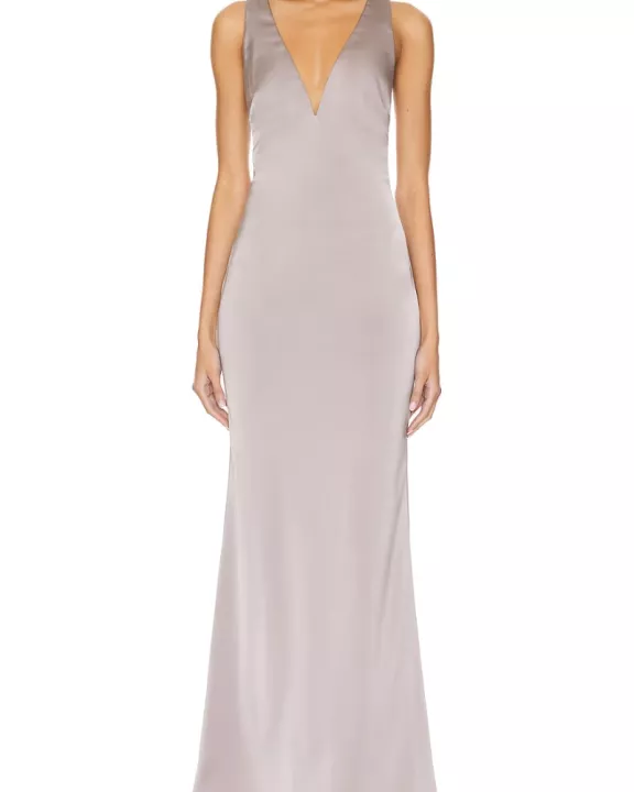 Katie May Plunging V-Neckline Hidden Zipper Skirt Back Slit Ruched Maxi Gown Dress