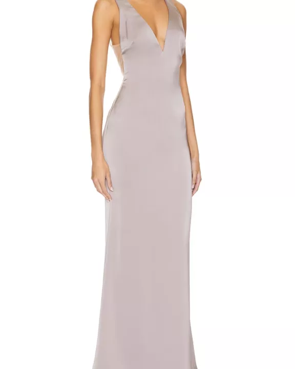 Katie May Plunging V-Neckline Hidden Zipper Skirt Back Slit Ruched Maxi Gown Dress