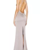 Katie May Plunging V-Neckline Hidden Zipper Skirt Back Slit Ruched Maxi Gown Dress