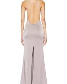 Katie May Plunging V-Neckline Hidden Zipper Skirt Back Slit Ruched Maxi Gown Dress