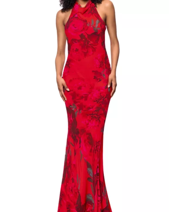 Betsy and Adam Floral Print Carly Halter Back Tie Neckline Sleeveless Backless Sheath Dress